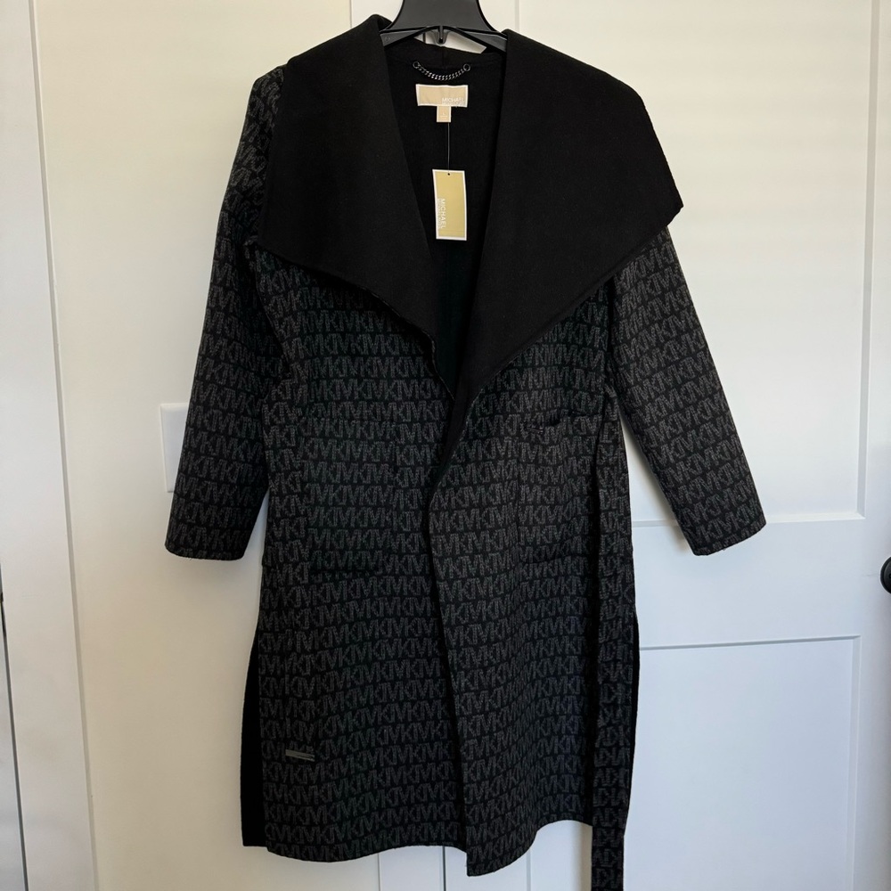 Michael Kors - Women’s Wool Blend Logo Jacquard Black/Gray Wrap Coat size Large - Picture 6 of 16